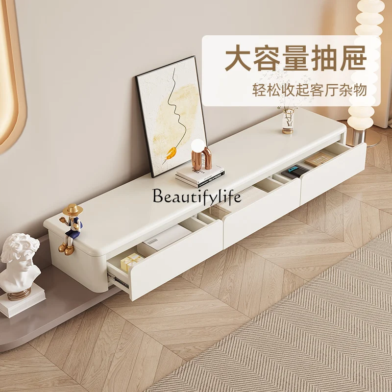 

01 Retractable coffee table light luxury simple modern living room cream wind TV cabinet