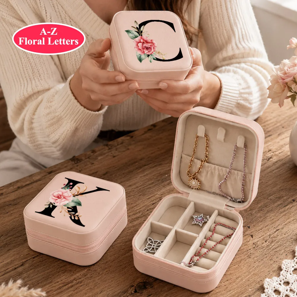 A-Z Letter Print Women Jewelry Box,Elegant Travel Jewelry Case Zipper Closure,Ideal for Bridesmaid Gifts Jewelry Storage Box
