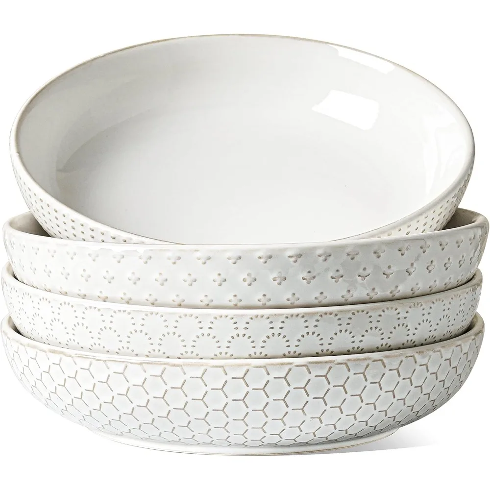 

Pasta Bowls 42oz, Large Salad Bowl, Ceramic Embossment Stoneware Serving Plate for Fruits, Noodle, Dinner, House-warming Weddin