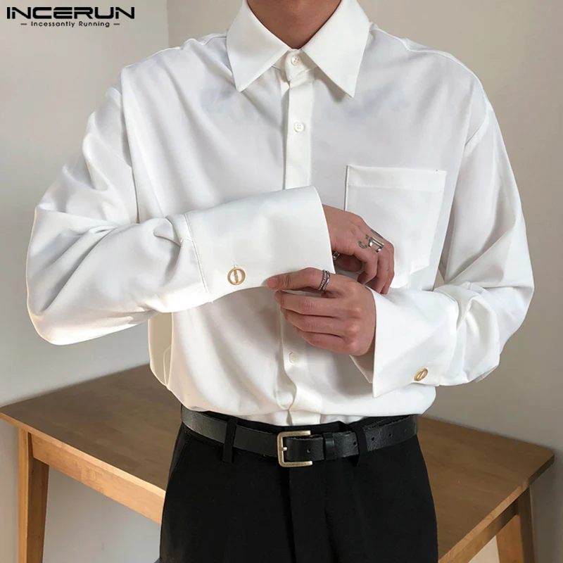 2024 INCERUN Men Causal Loose Solid Color Shirts Lapel Collar Simple Metal Buttons Tops Commuting Long Sleeve Elegant Blouses