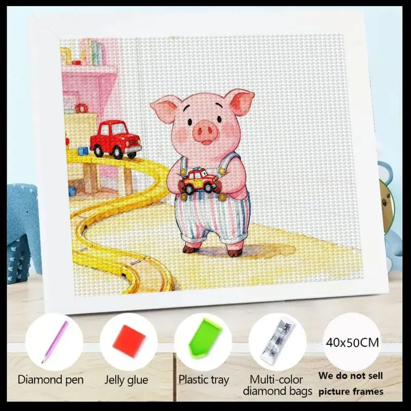 

1PC 5D DIY Diamond Painting Kit, Adorable Cartoon Piggy Holding Toy Car & Playing with Red Car on Track, Full Drill Round Rhines