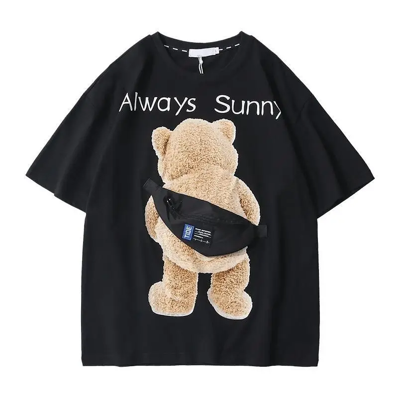 Cotton Tops Fashion Bear Satchel Short Sleeve 2023 Summer Y2k Clothes New T Shirt Women Zipper Bag Korean Style Loose Tees Lady