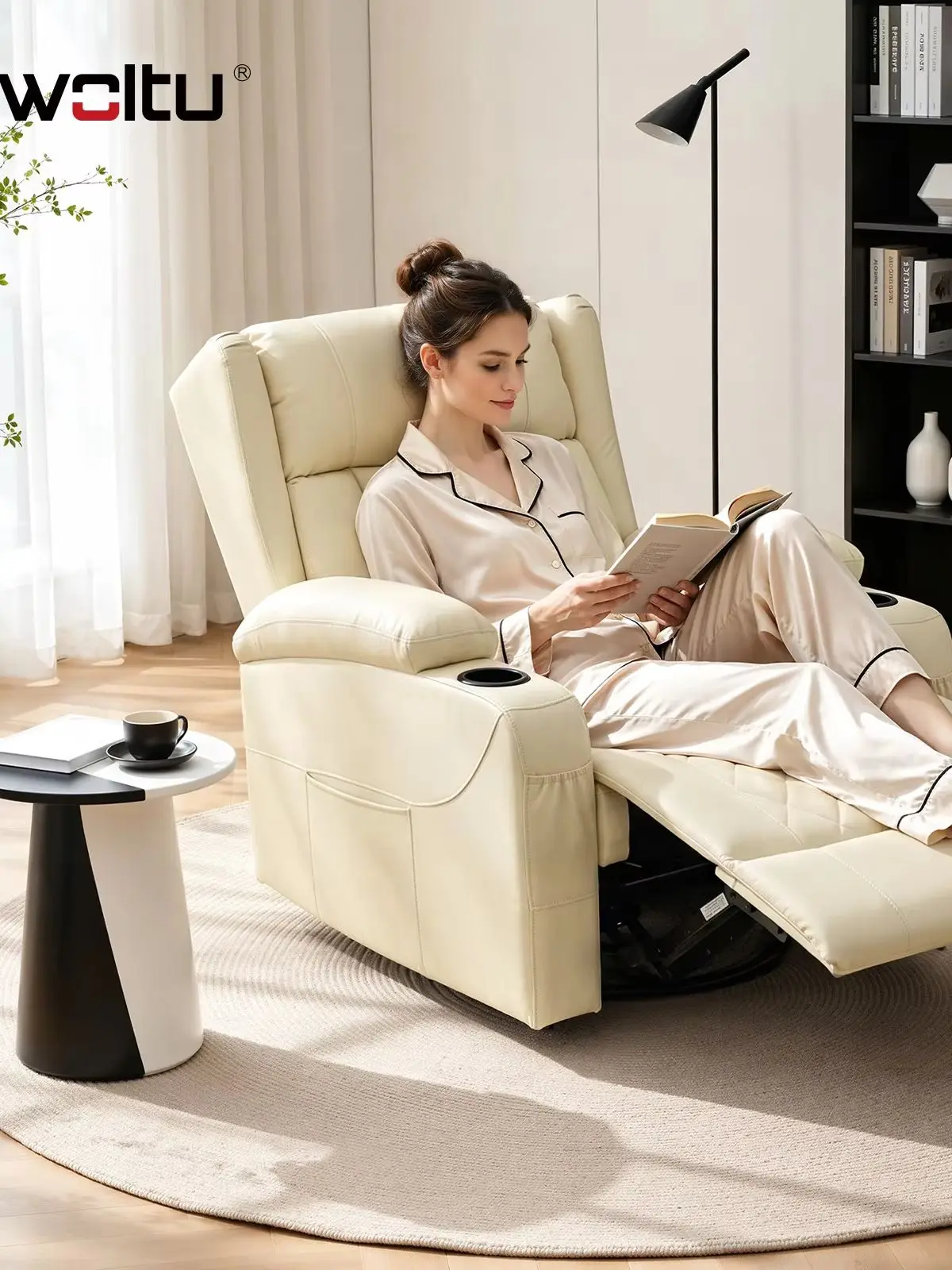 WOLTU 360 °   Drehbarer Einzelsessel mit Verstellbarer Rückenlehne und Fußstütze Relaxsessel mit Getränkehalter für Wohnzimmer Schlafzimmer Einfache Montage
