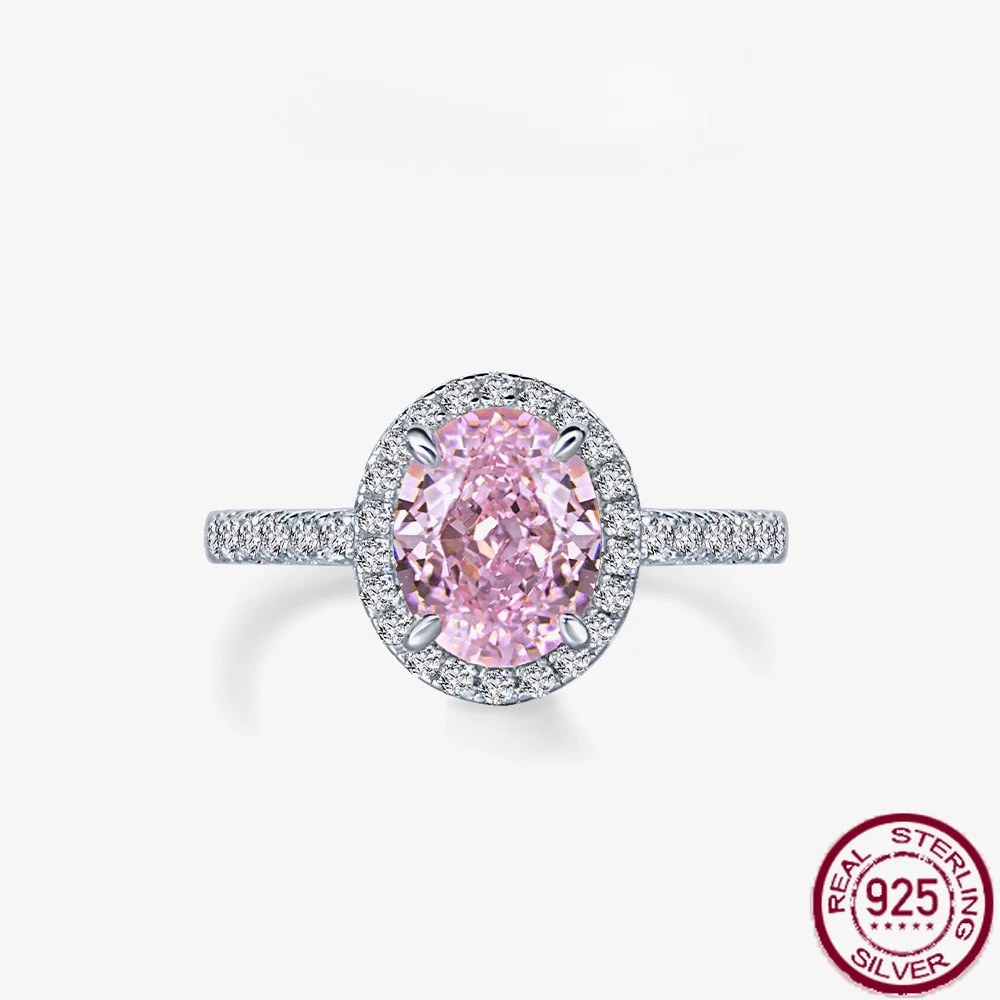 New S925 silver 2-carat egg shaped 7 * 9 ice flower cut high carbon diamond light luxury pink women's ring engagement jewelry