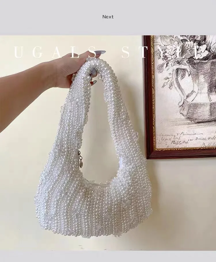 

Luxury Pearl Beaded Handmade Hobo Bag Women Fashion Handbag Beads Beading Evening Bag Wedding Party Clutch Purse Shoulder Bag