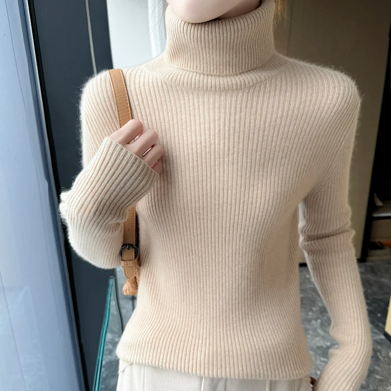 

Women's 100% cashmere sweater casual solid knitted pullover Tops slim fit thick Blouse high neck vertical stripe base Jumper