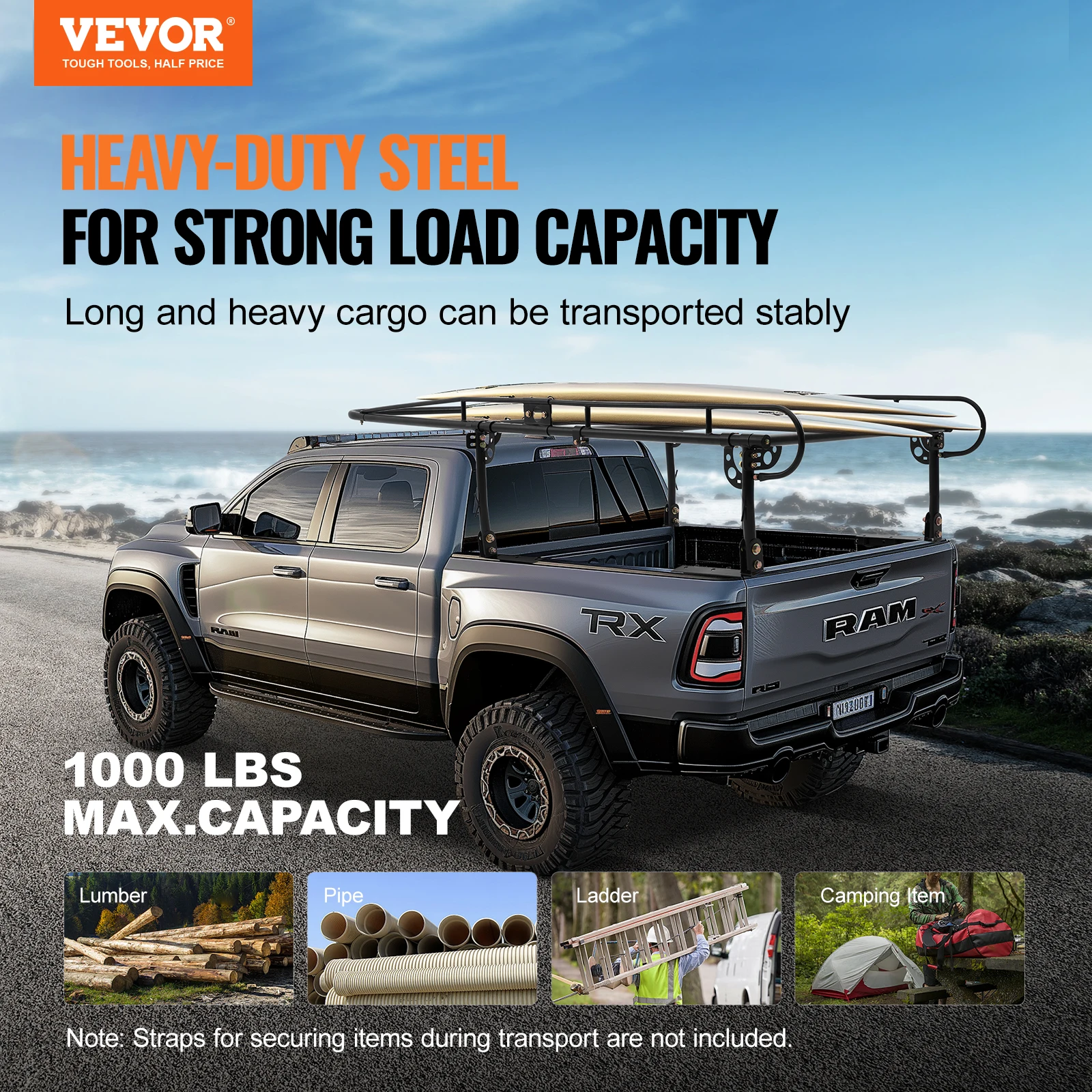 VEVOR 1000 LBS / 454 KG Strong Capacity Truck Ladder Rack Adjustable Width for Kayak Ladder Surfboard Lumber