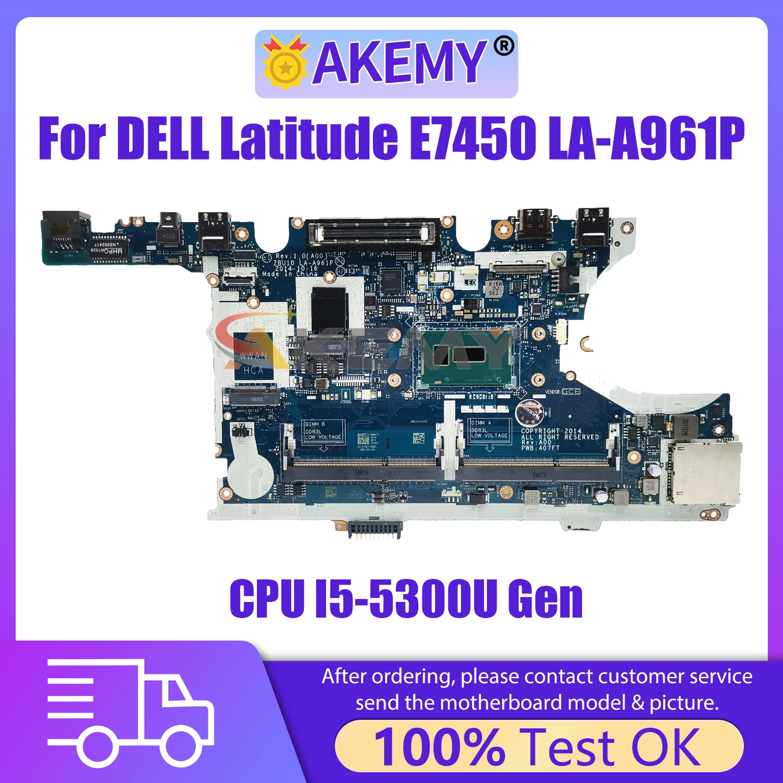 AKEMY LA-A961P Laptop Motherboard For DELL Latitude E7450 CN-0R1VJD 0RIVJD ZBU10 Mainboard With CPU I5-5300U Gen fully tested