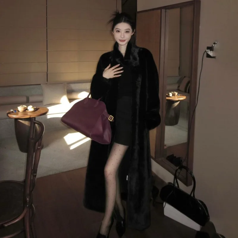 Fourrure intégrée Imitation vison polaire manteau de fourrure écologique femmes longue sur le genou col montant ample manteau de vison en peluche WLF