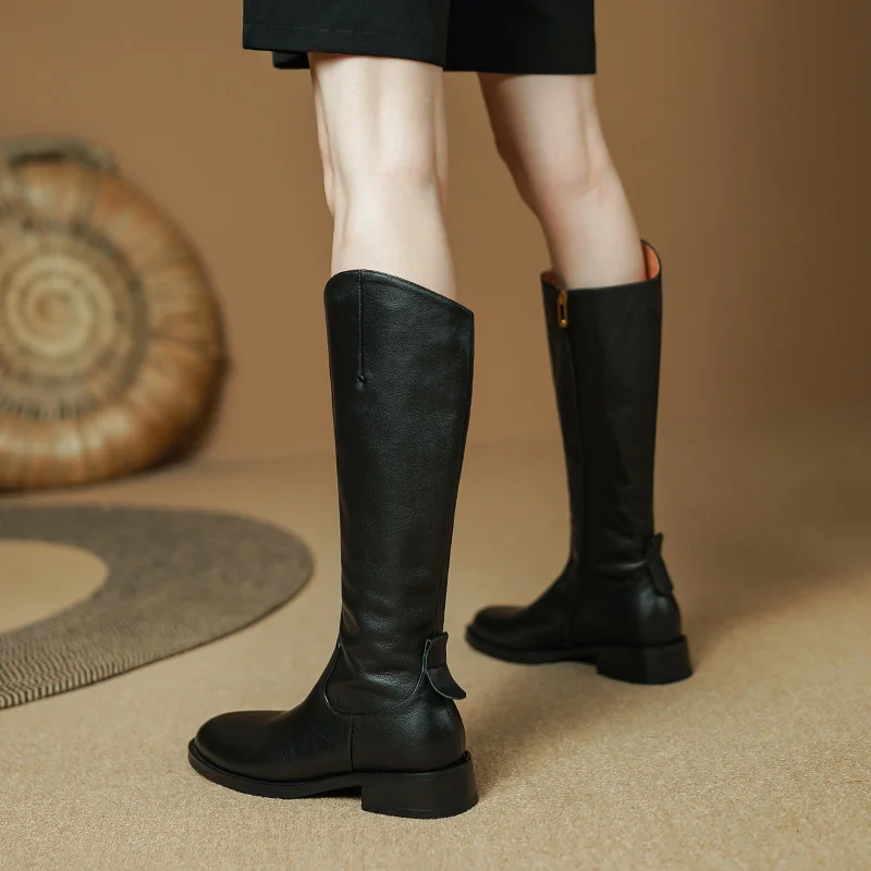 2023 New Fashion Women Knee High Boots Genuine Leather High Heeled Autumn Winter Warm Shoes Woman Snow Motorcycle Boots Shoes