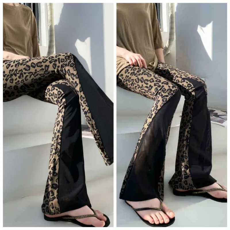 레오파드 프린트 대비 색상 약간 당겨진 바지 여름 얇은 다목적 대형 지방 하이 웨이스트 캐주얼 스포츠 플레어 바지