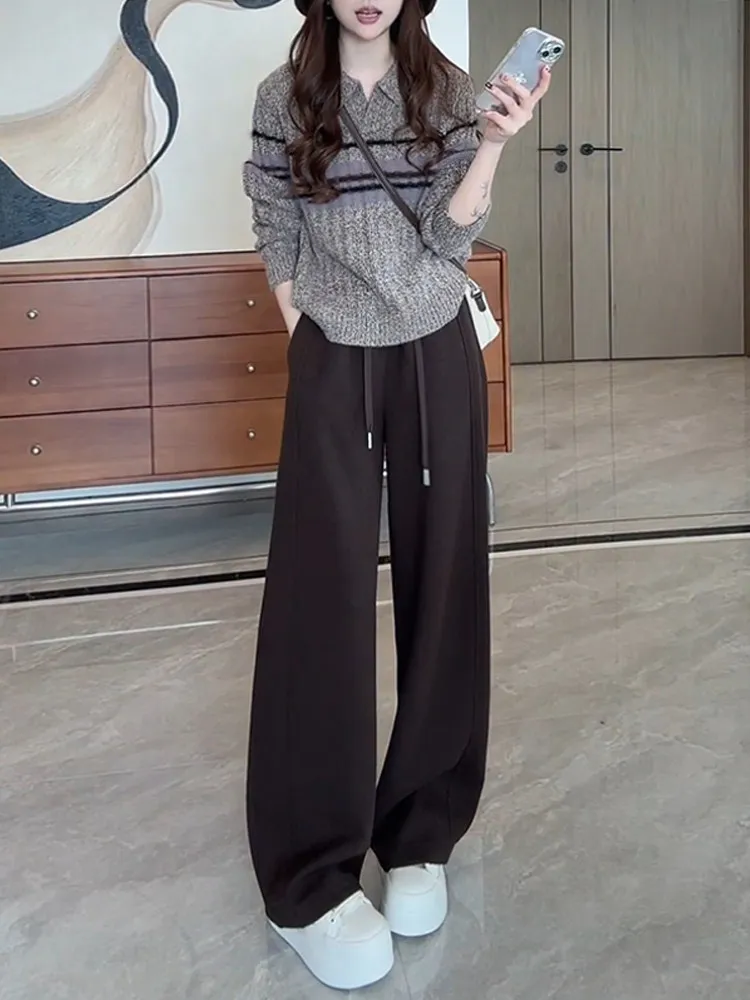 

Модный повседневный комплект-двойка для женщин: вязаный топ с длинным рукавом и брюки свободного кроя с высокой талией на шнурке, весна 2026