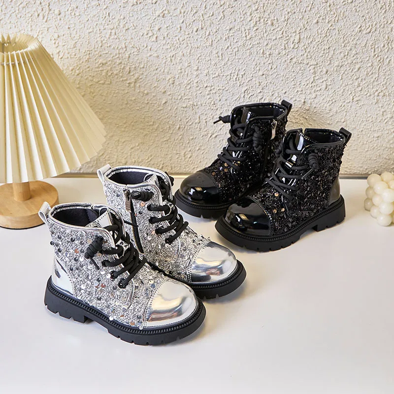 Stivaletti per bambini moda paillettes autunno/inverno scarpe da principessa per ragazze suole in gomma stivali in pelle per bambini antiscivolo