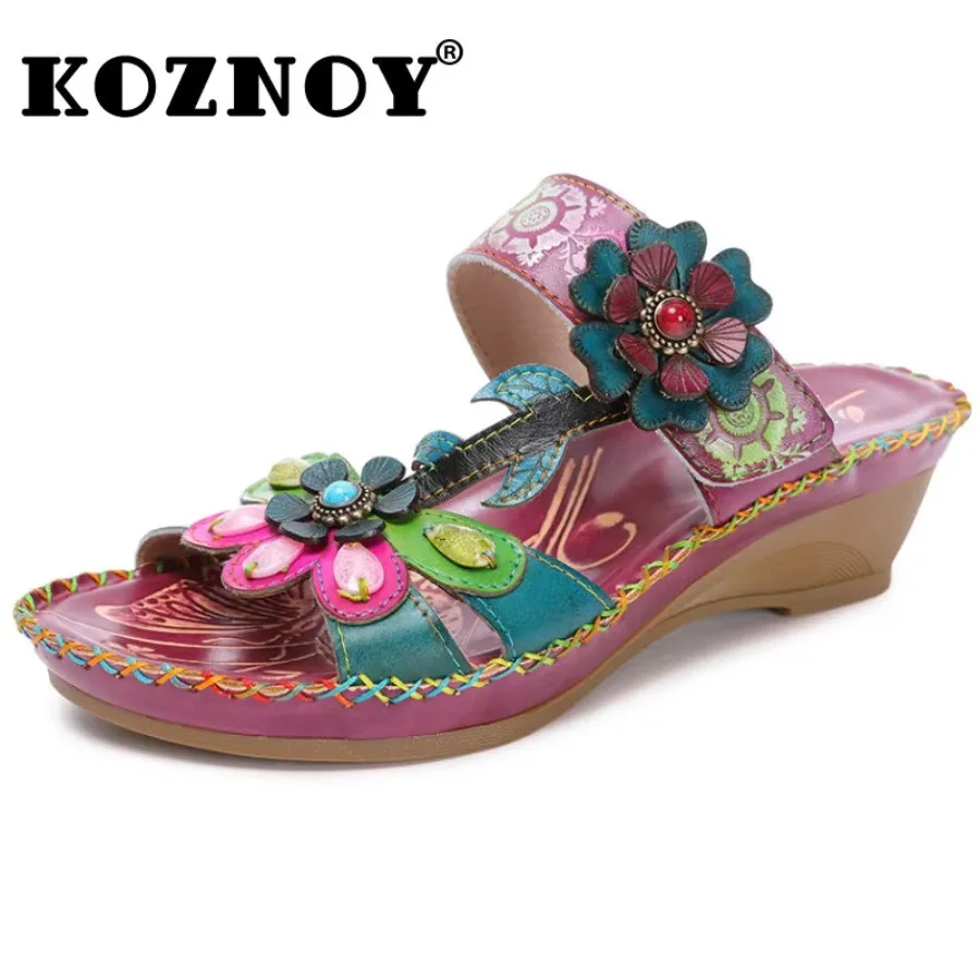 

Koznoy/женские летние тапочки 3,5 см из натуральной кожи в этническом стиле на плоской подошве с аппликацией и цветочной платформой, удобные женские модные женские туфли на крючках