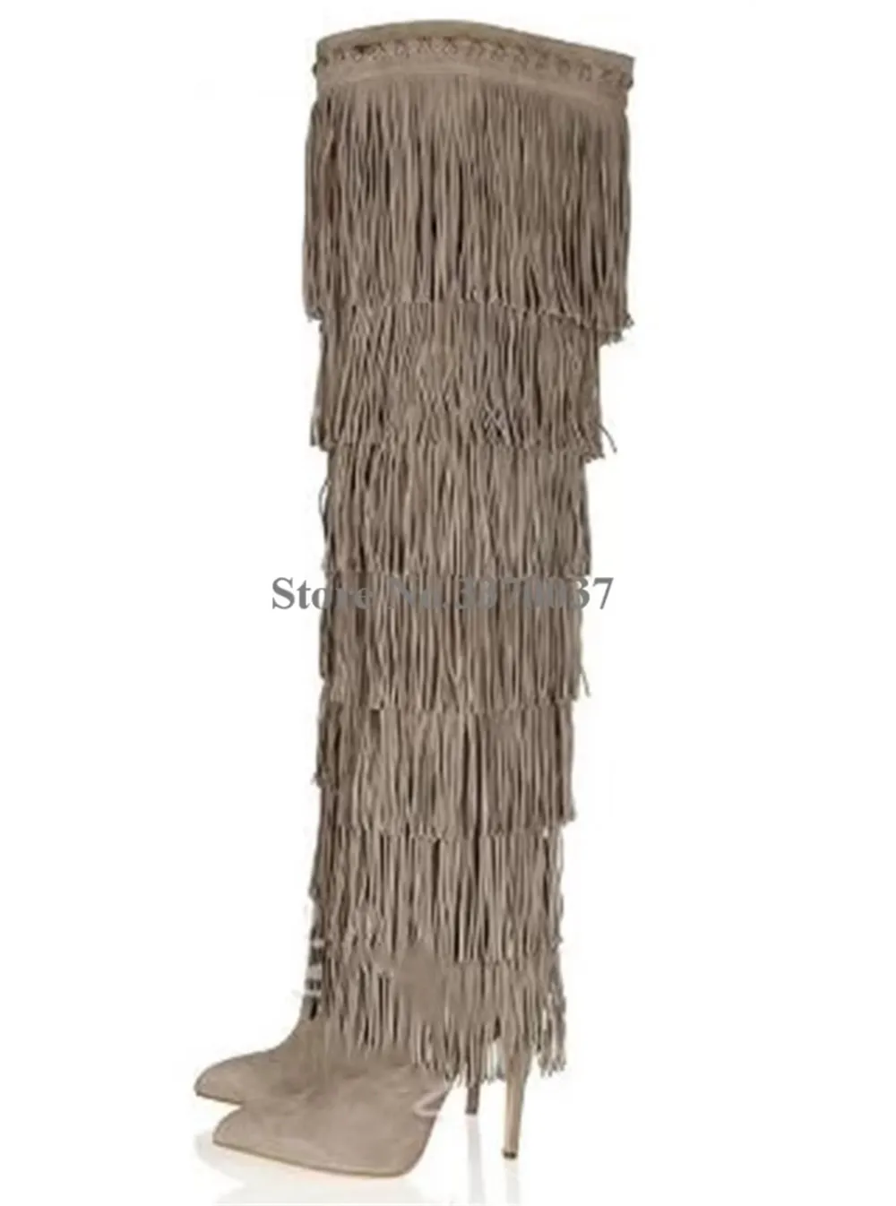 Winter Fashion Pointed Toe Suede Leather Long Tassels Thin Heel Over Knee Boots Sexy Fringed High Heel Long Boots