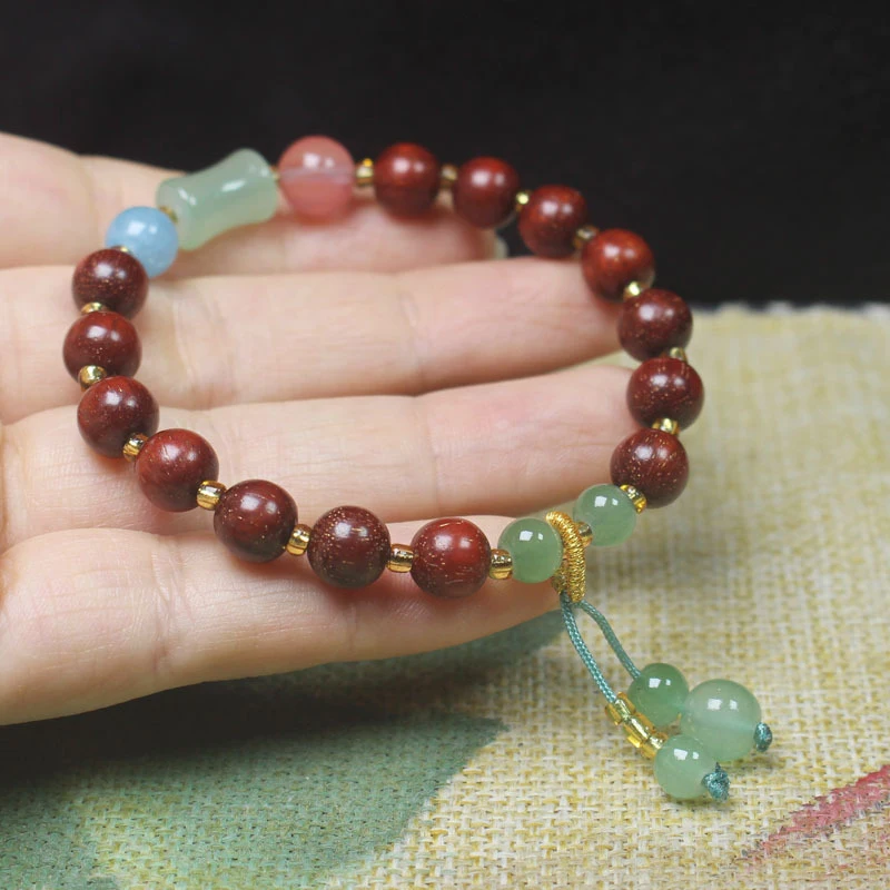 

Blood Sandalwood 8mm Golden Star Bracelet with Green Bamboo , Simple Chinese Style Unisex Buddhist Prayer Beads, Hand Ornam