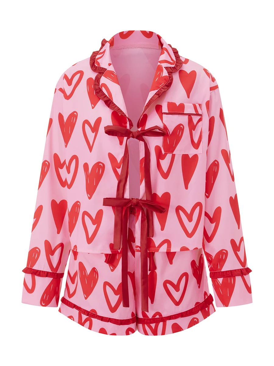 Pigiama da donna in seta per San Valentino, pigiama con fiocco, manica lunga, camicia abbottonata, pantaloncini, set da salotto a cuore, indumenti da notte