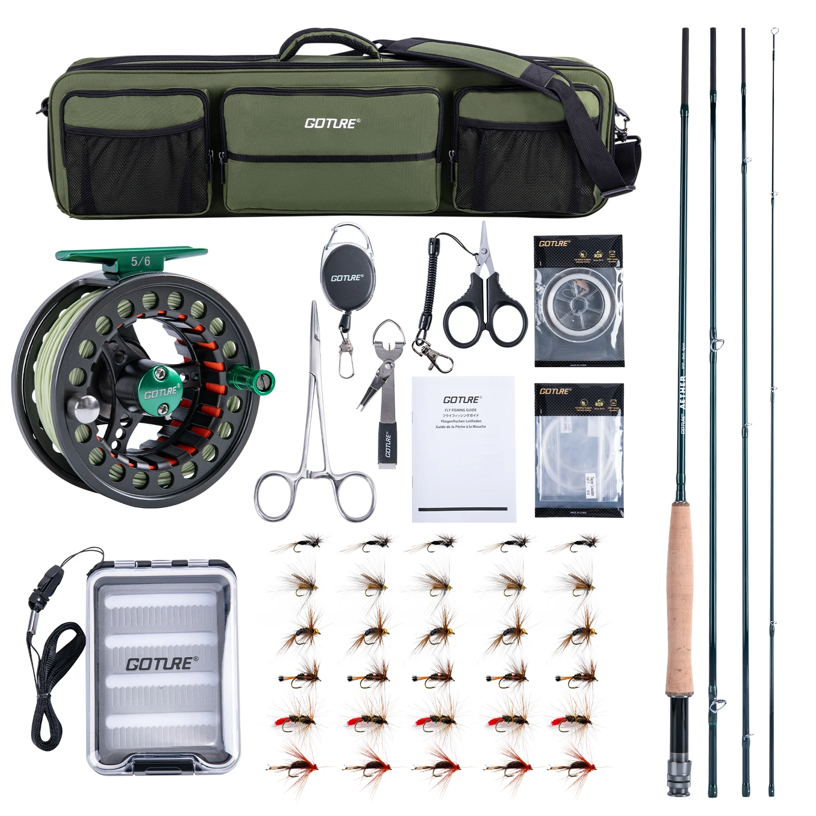 

GOTURE Fishing Tackle Set, 5/6 Ultralight Carbon Fiber Rod, Reel, Bag and 30 Flies, Complete Set of Bass Fly Fishing Equipment