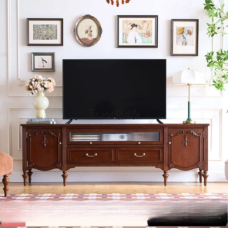 

American retro cherry solid wood carving flower TV cabinet living room black walnut audio-visual cabinetL