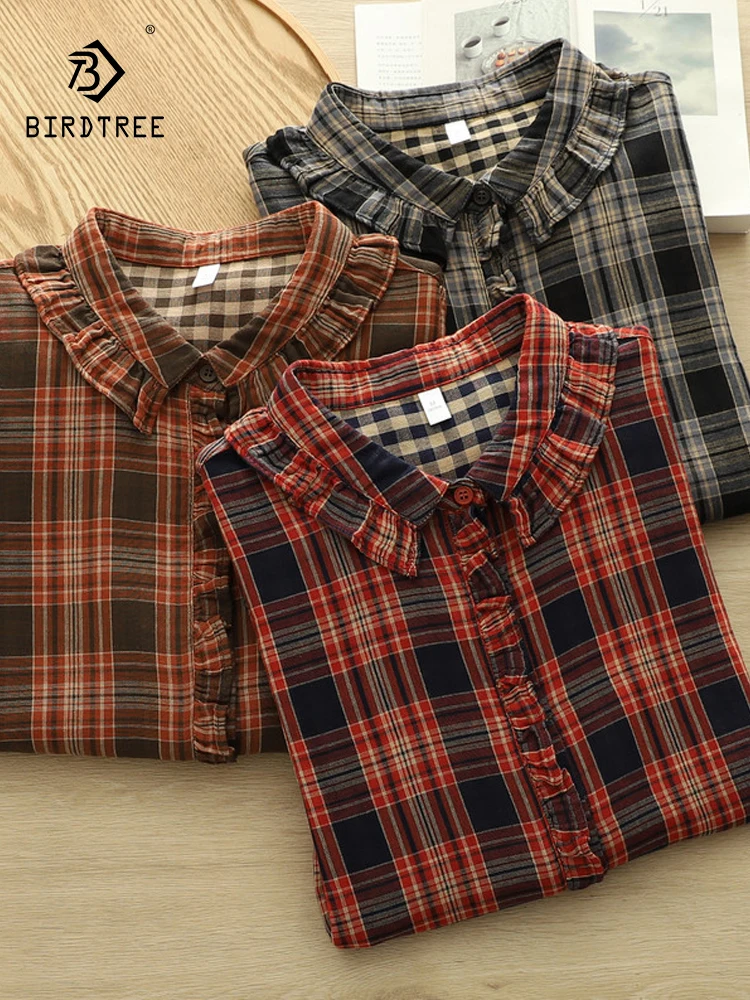 

New 2025 Fall Cotton Long Sleeve Shirt, Women Turn-down Collar Ruffles Plaid, Mori Girl Fashion Versatile Loose Blouse T5O671CC