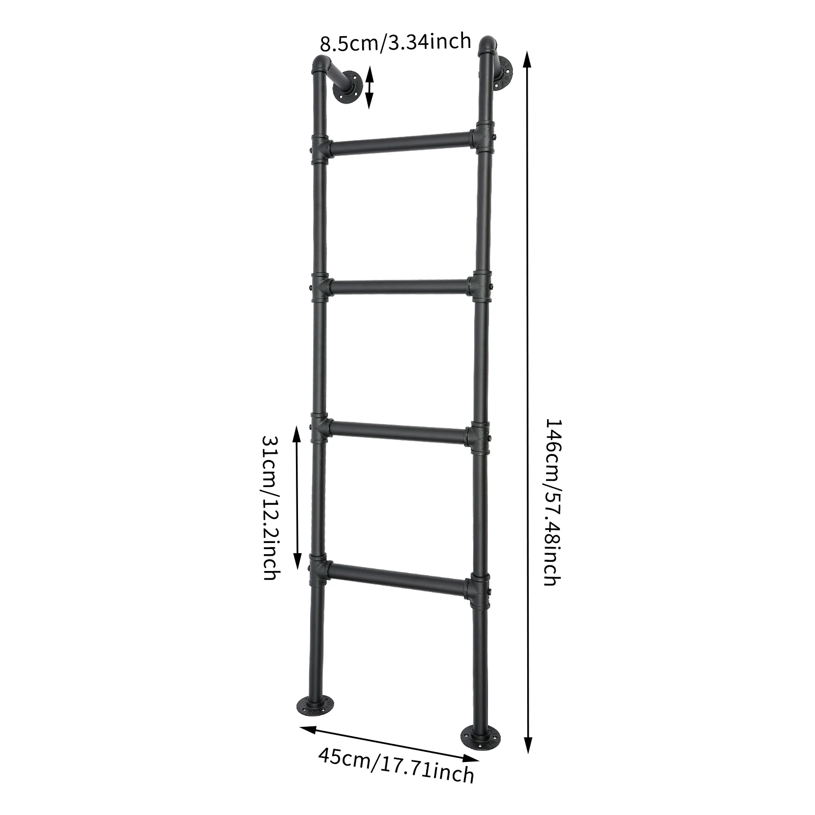 Black, 146 cm Length Ladder, 4-Step Ladder, Wall/Floor-Mounted Ladder, Load Capacity 440 lbs, for Home, Caravans, Lofts, Flats