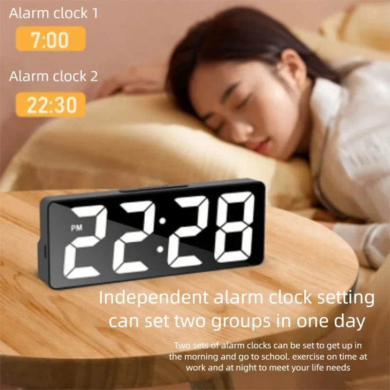 Digital LED Wake Up Light Alarm Clock Bedroom Electronic Desktop with Temperature Display Adjustable Brightness