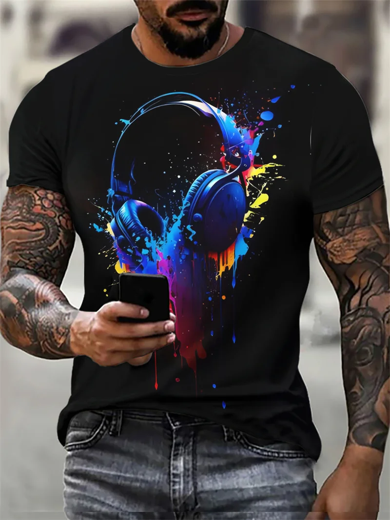 Camiseta tie-dye masculina, padrão de fone de ouvido impresso 3D, camiseta hip-hop, manga curta, o-pescoço, tops casuais soltos, 6XL, tamanho grande