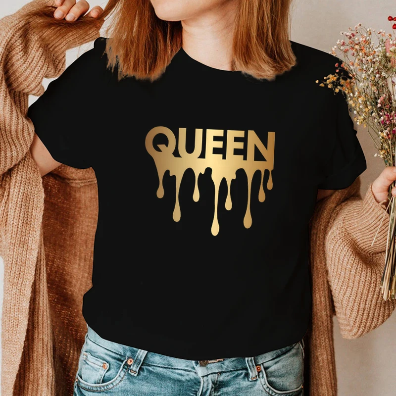 2024 Couple Matching T-Shirt King Queen Golden Print T Shirt Short Sleeve Funny Streetwear Husband and Wife Sweet Lovers Tshirt