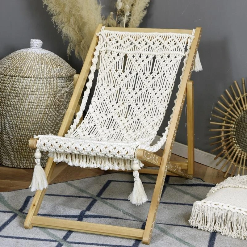 Handmade Woven Lounge Chair, Moroccan Ethnic Boho Style Foldable Solid Wood Chair for Indoor Living Room Outdoor Leisure