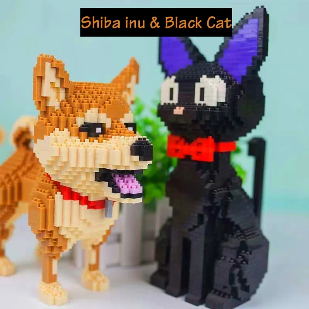 Animal World Black Cat Dog Sit Pet Bow 3D Model DIY Mini Diamond Blocks Bricks Building Toy for Children Gifts