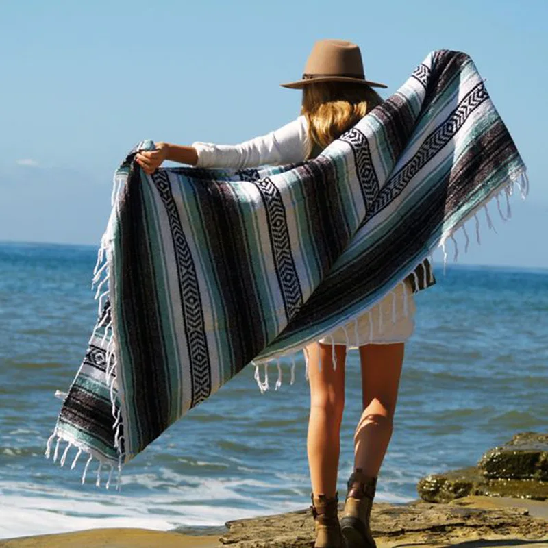 Mexican Shawl Blanket Oversized 55*70in cotton Woven Fringe  Picnic Mat Yoga Summer Cushion Swimming Travel Blanket