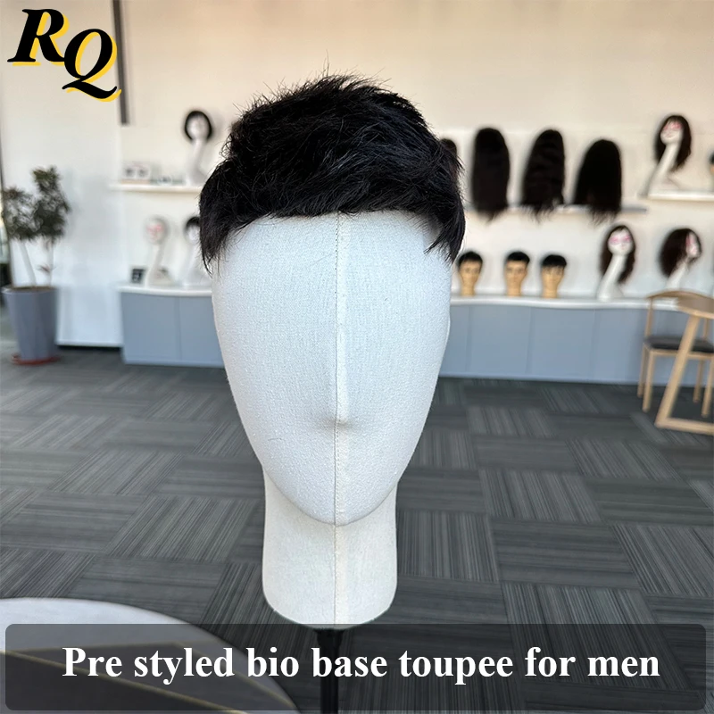 Pre Styled Cut Men\'s Human Hair System Bio Pu Basement Toupee For Men Male Hairpiece Toupee Virgin Human Hair Replacement System