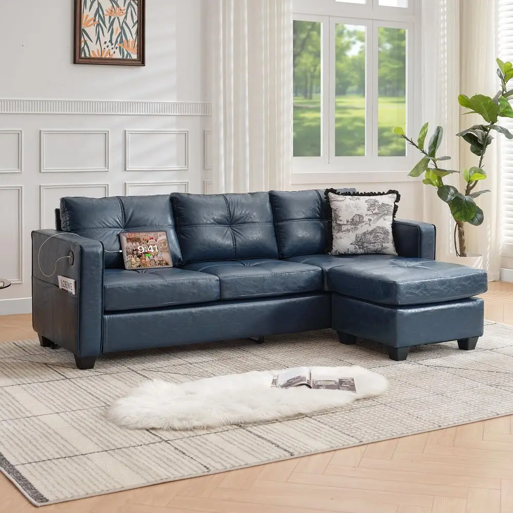 

88 W Blue Faux Leather L Shaped Sectional Couches w Side Pockets, Comfy Modular Convertible Sofas w USB, Office Sofa Set with C