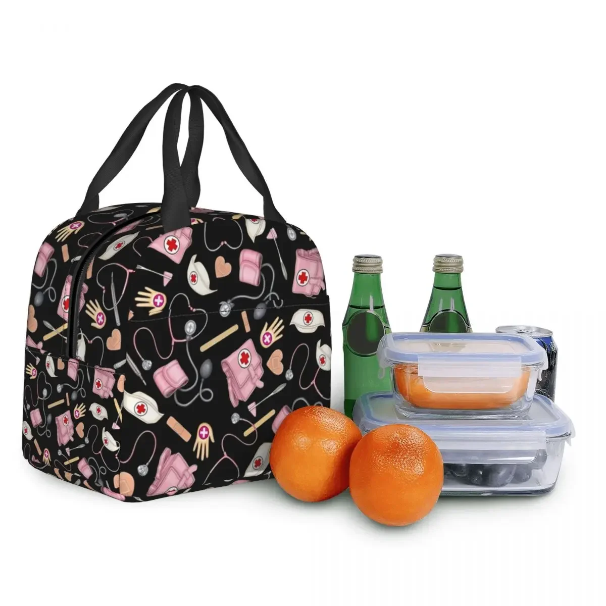 Cartoon Nursing Nurse Insulated Lunch Tote Bag for Women Portable Thermal Cooler Bento Box Work School Travel Food Bags