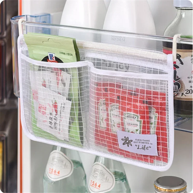 Refrigerator  Mesh Bag Double Compartment Hanging Pouch Kitchen Organizer Pockets with Hook Washable Fridge Net Bag Snacks pouch