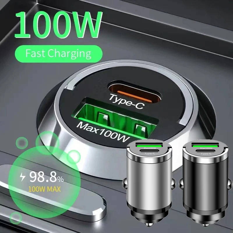 100 W Pull Ring Auto Ladegerät Schnelle Lade PD QC 3,0 USB Typ C Mini Auto Telefon Ladegerät Adapter für iPhone 15 Xiaomi Samsung Huawei