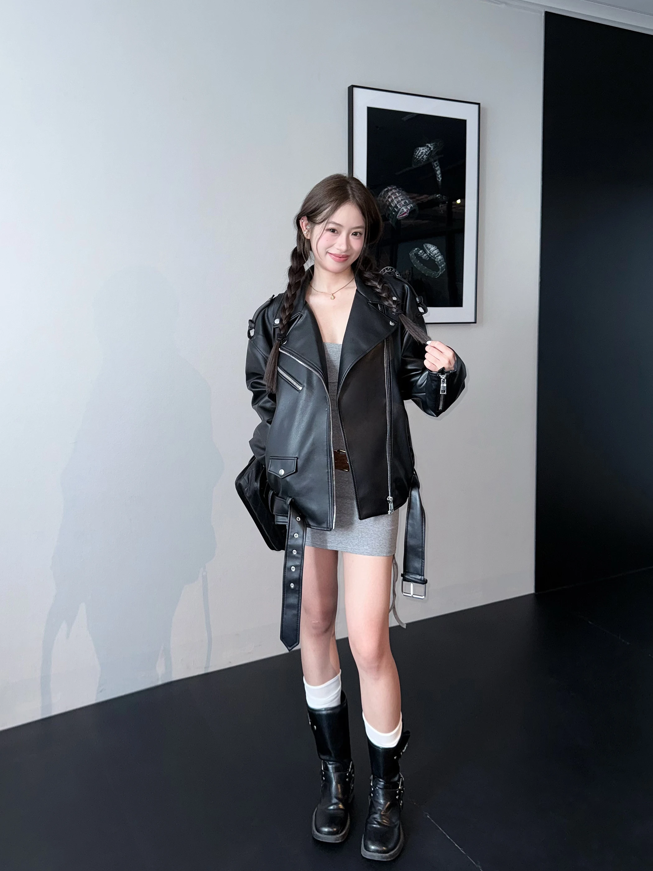 

Aassss Oversize Jaet Women's Thiened Biker Leather Coat Covering PP Heavyweight Faion Brand Commute Sle Long Sve