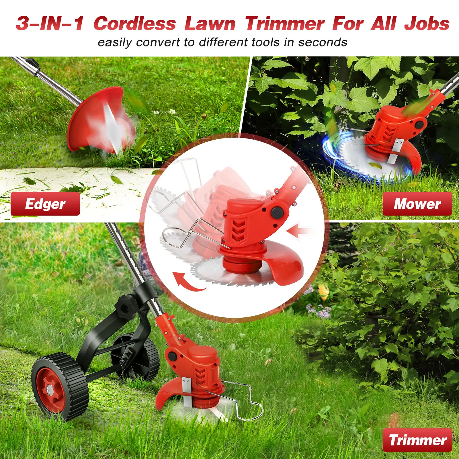 24V Electric Cordless Grass Trimmer Lawn Mower Hedge Trimmer Adjustable Handheld Garden Power Pruning Cutting Power with Wheels