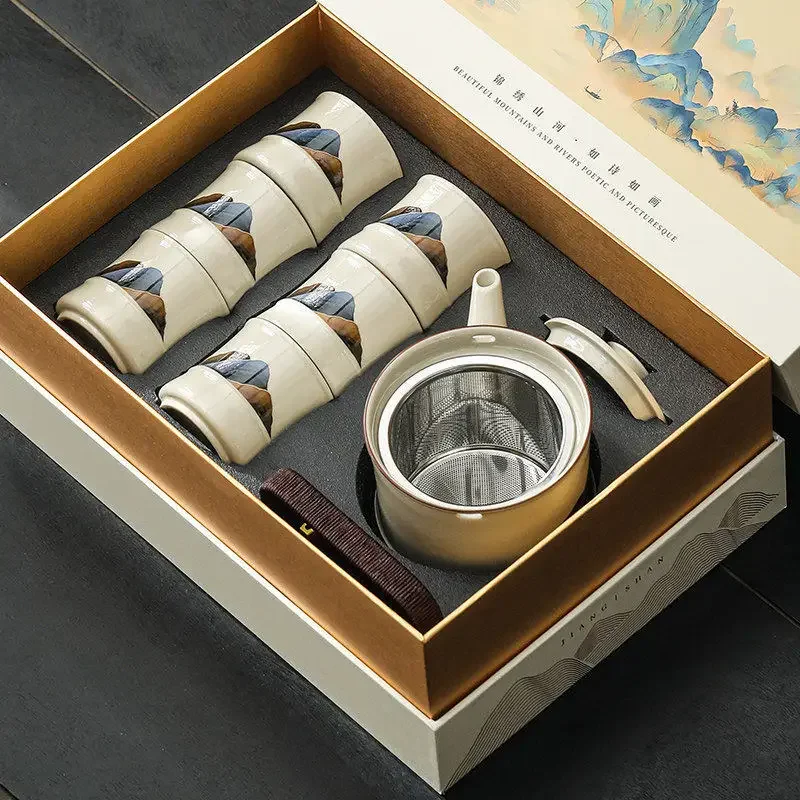 Lift Kettle Ceramic Teacup Kung Fu Tea Set High-end Business Souvenir Tea Maker Luxury Designer Tea Sets Complete Set Tools Gift
