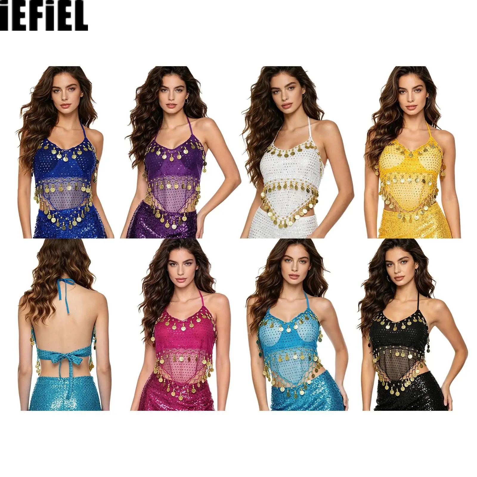 Women Belly Dance Crop Top with Built-in Pad V Neck Halter Backless Sequined Tassel Trim Making Crisp Sound Top for Performance