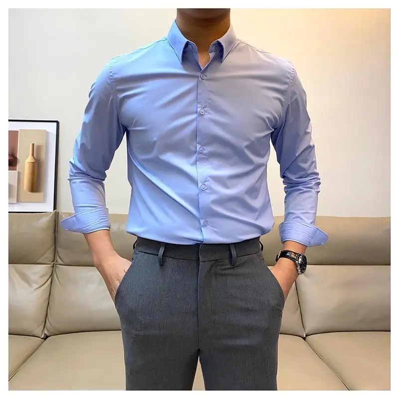 Smart Casual Commute Office Formal Handsome SlimSolid Color Classic Tall and Straight Sven Men's Long Sleeved Shirt Spring 2024
