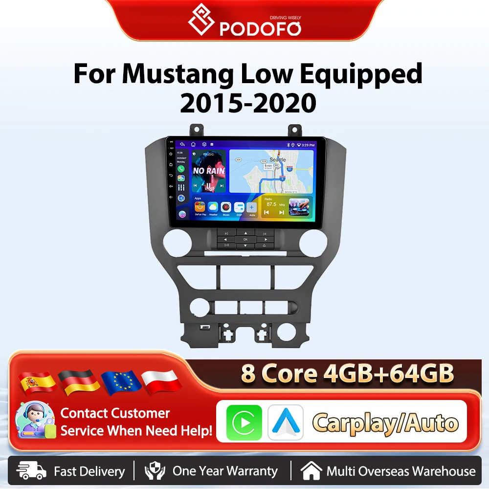Podofo 9'' Wireless Carplay Android Auto Radio For Ford Mustang 2015-2020 Autoradio GPS Navigation BT FM/RDS 2din Car Intelligent Systems Plug&Play Head Unit SWC Car Multimedia Stereo Wifi Multimedia Stereo EQ Mirrorlink USB