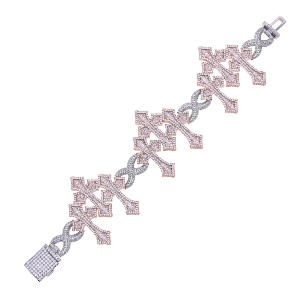 2025 hip-hop new rose gold double-color three-row cross set with high quality zircon atmosphere men's bracelet jewelry.