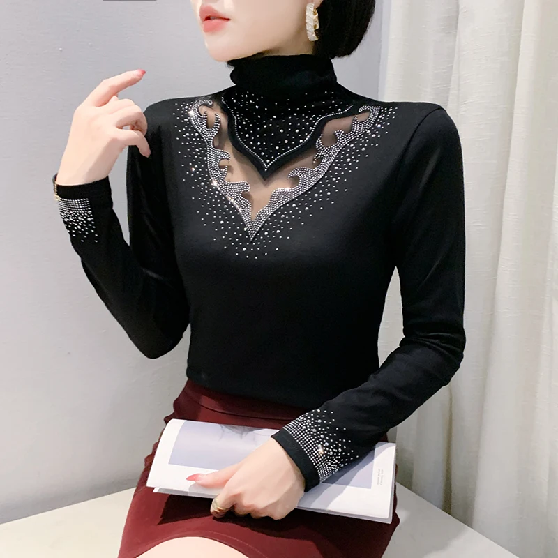 2024 European Station Women Bottoming T shirt Autumn Winter Sexy New High Collar Tees Patchwork Long Sleeve Hot Diamond Tops