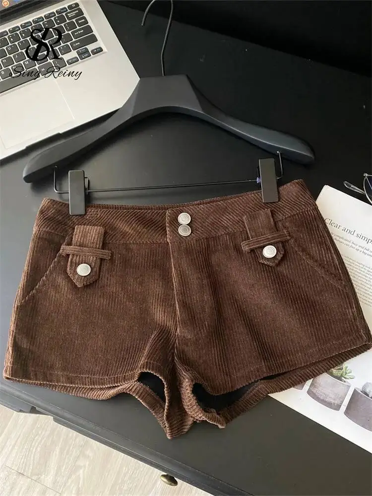 Autumn Corduroy Simple Shorts Solid Versatile Low Waist Design Metal Button Female Classic Chic Y2K Vintage Shorts
