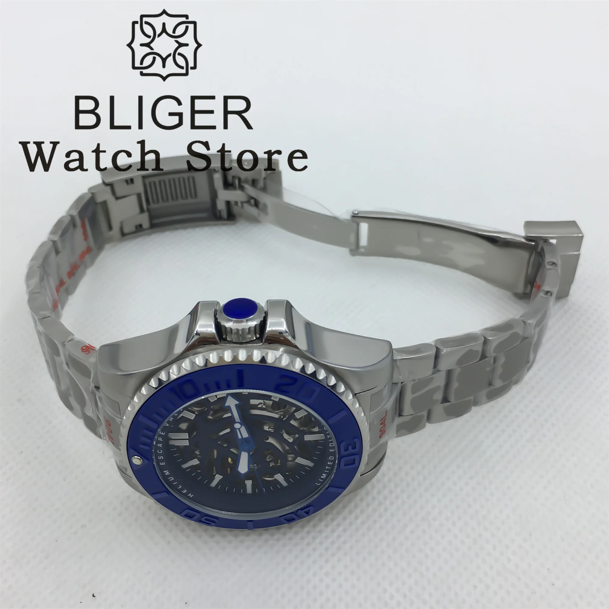 BLIGER 43 مللي متر الهيكل العظمي المجوف NH70 ساعة للرجال الصلب غواص ساعة فاخرة اليد الزرقاء Reloj Hombre عميق مقاوم للماء 904L سوار