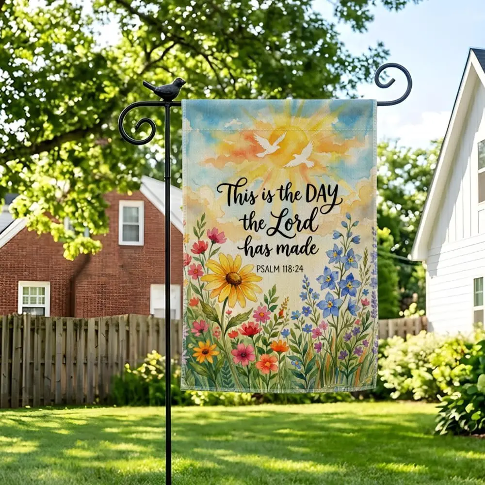 This Is The Day The Lord Has Made Garden Flag, Spring Christian Garden Flags for Outside, Double-Sided PSALM 118:24 Religiou yyi