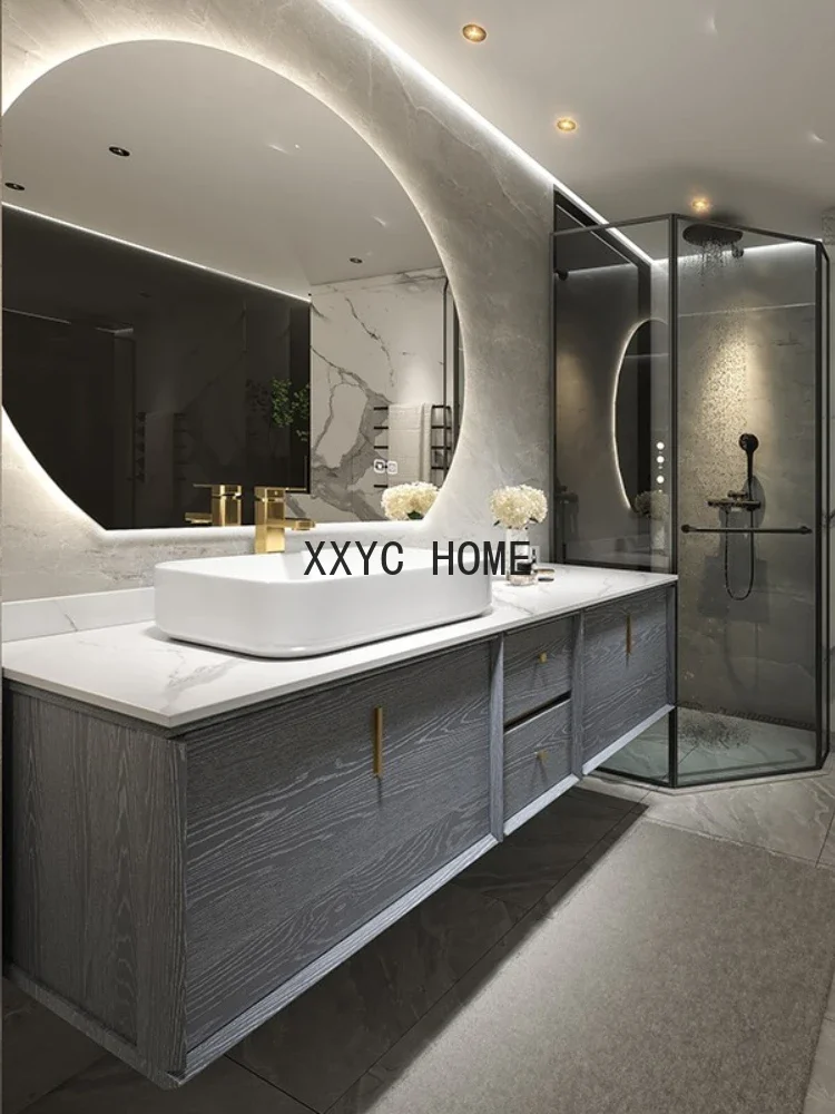 

Простой современный светлый роскошный шкаф для ванной комнаты, дубовый умывальник для ванной комнаты, умная каменная плита, умывальник, стол, умывальник, настенный шкаф