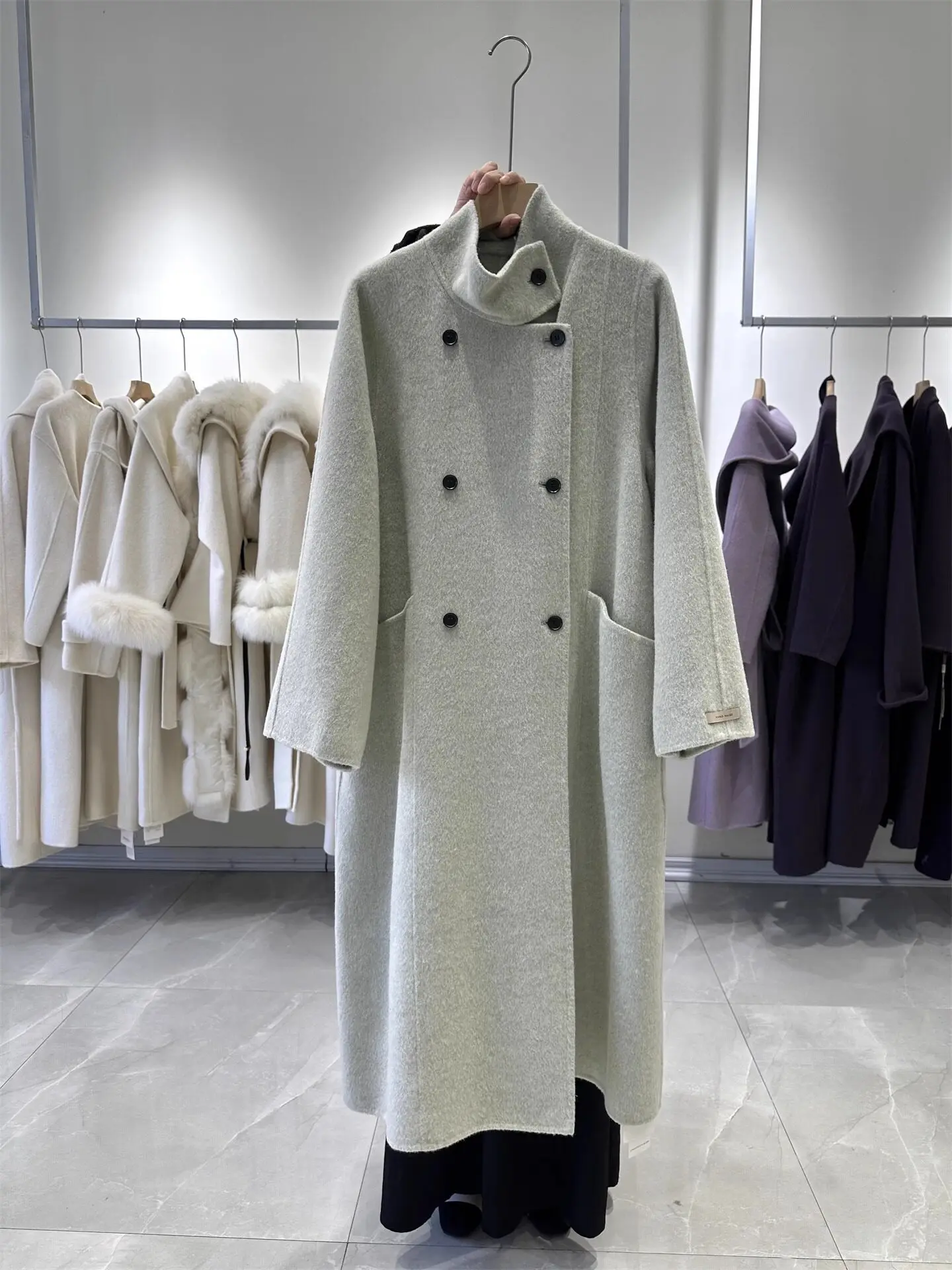 Autumn Winter New Stand Collar Double Face Wool Coat Women Korean Loose Premium Woolen Outerwear Handmade Long Warm Overcoat