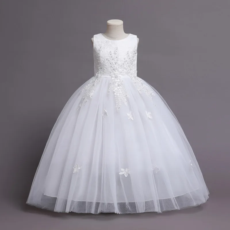 Vestido elegante para niñas, vestido de novia largo de princesa sin mangas con flores y mariposas, vestido Formal de tul hinchado para graduación y cumpleaños